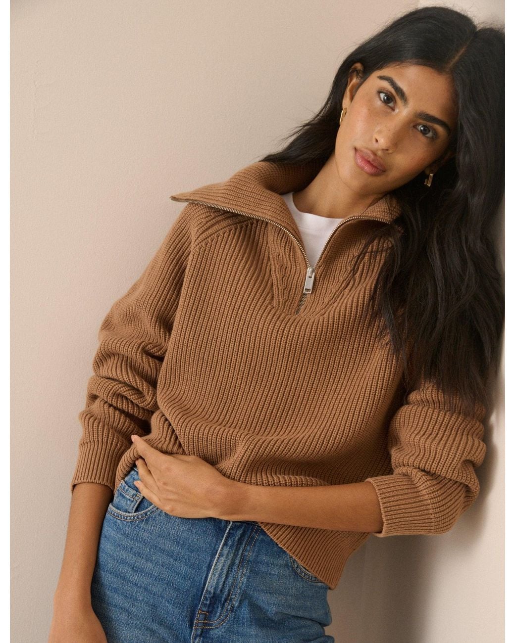 Nobody's Child Brown Ribbed Half Zip Jumper