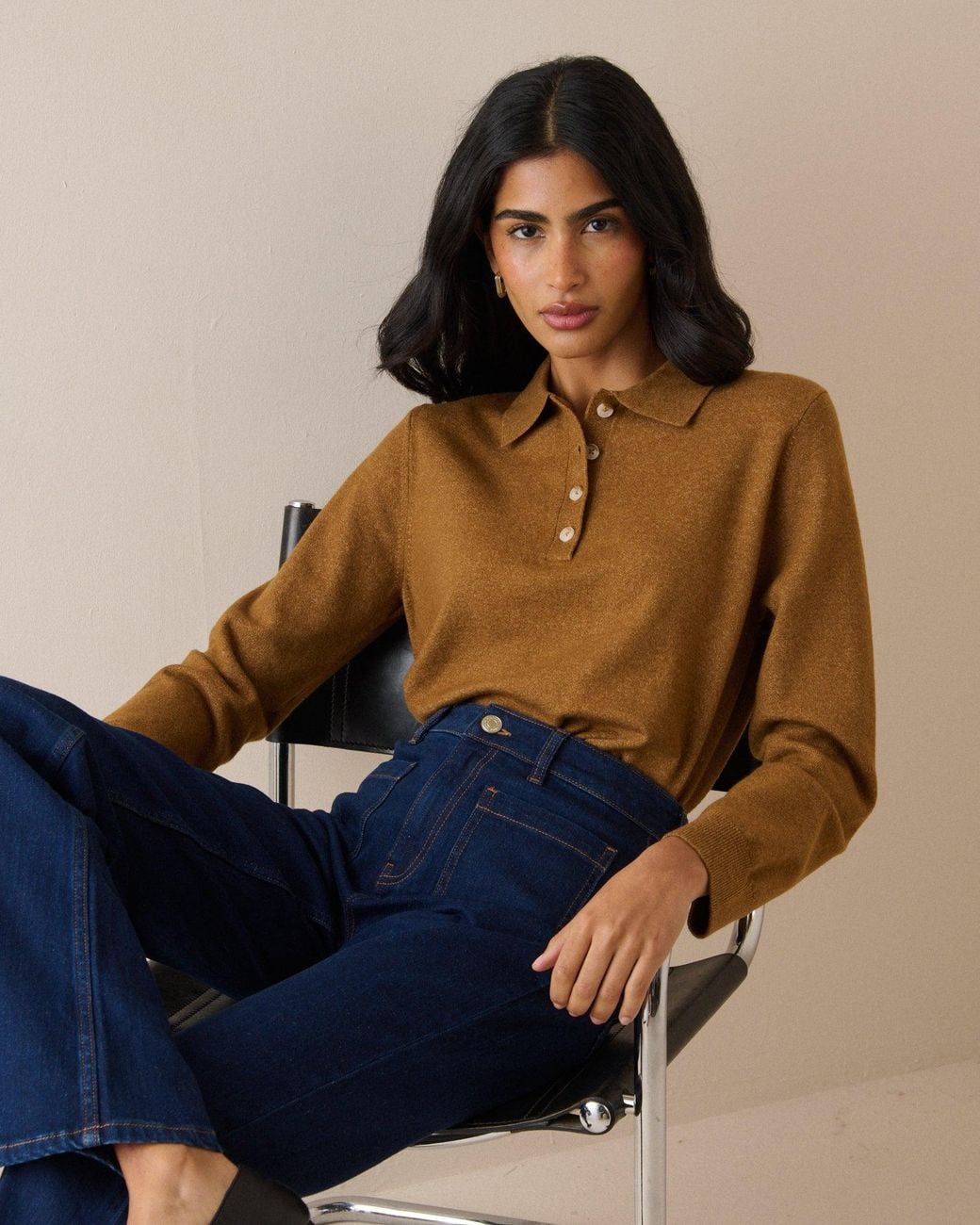 Nobody's Child Blue Camel Knitted Polo Top