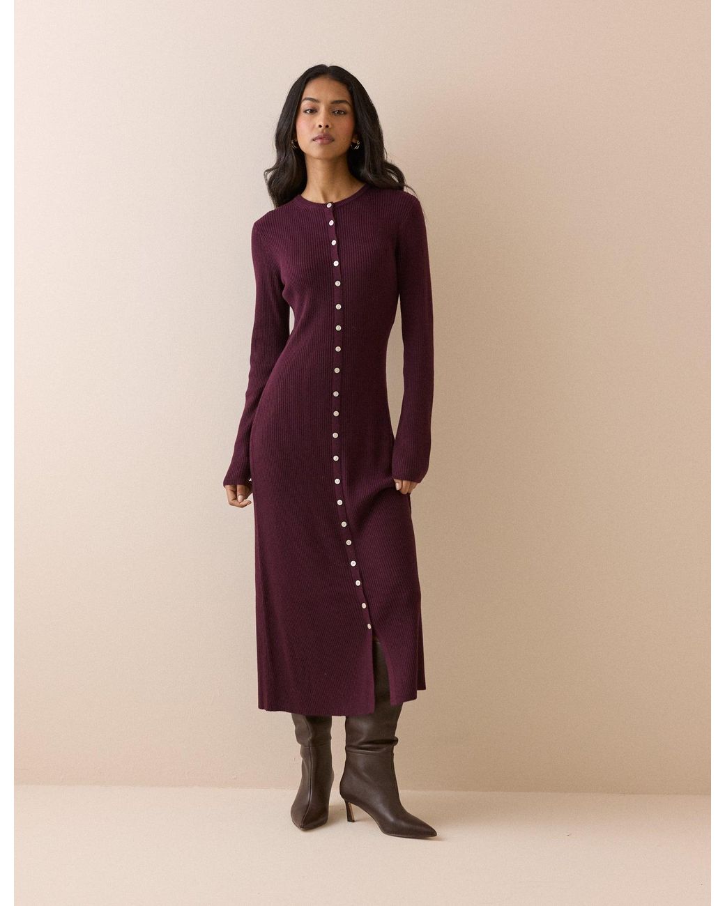 Nobody's Child Pink Burgundy Ribbed Knitted Midi Dress