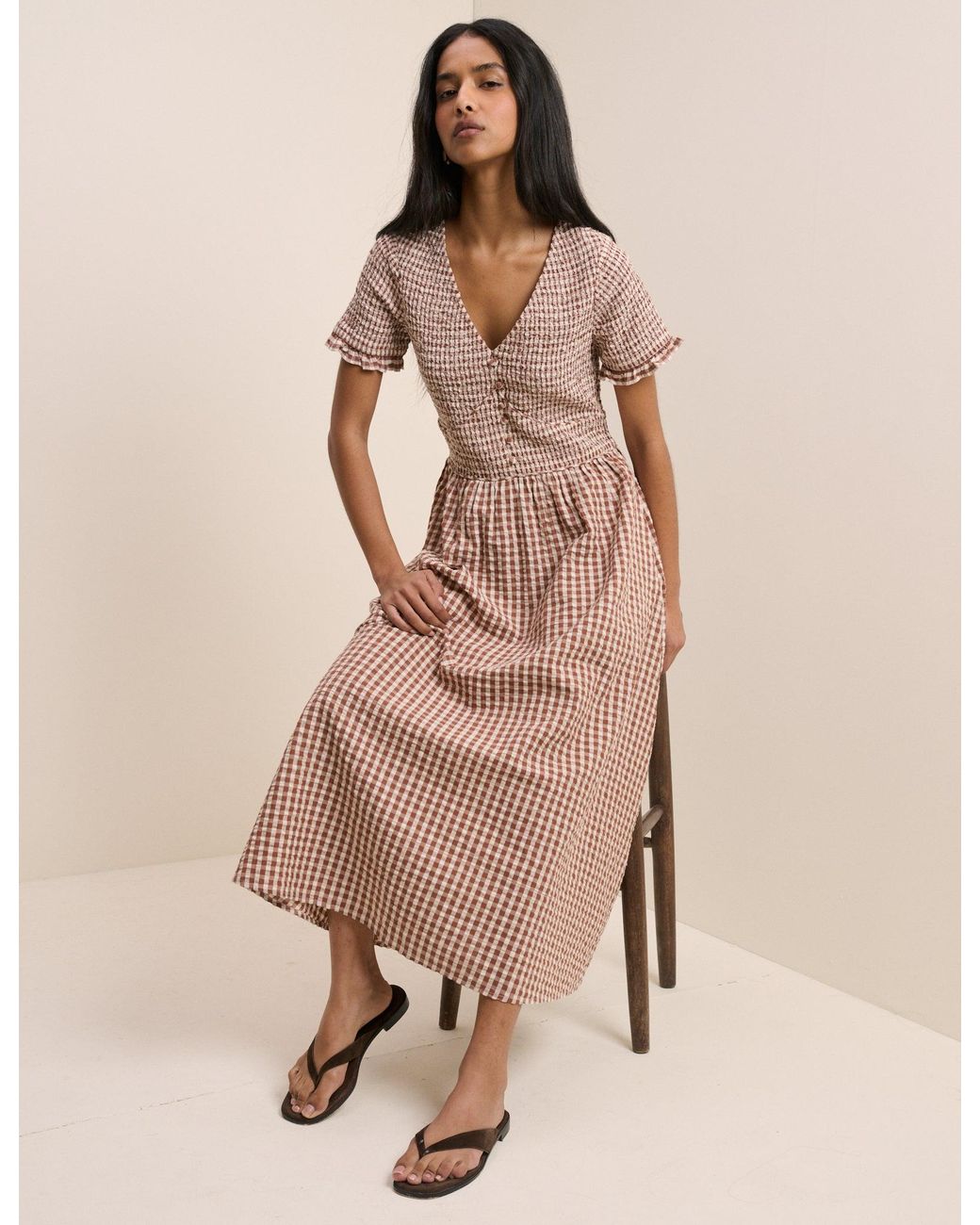 Nobody's Child Natural Gingham Shirred Eliza Midi Dress