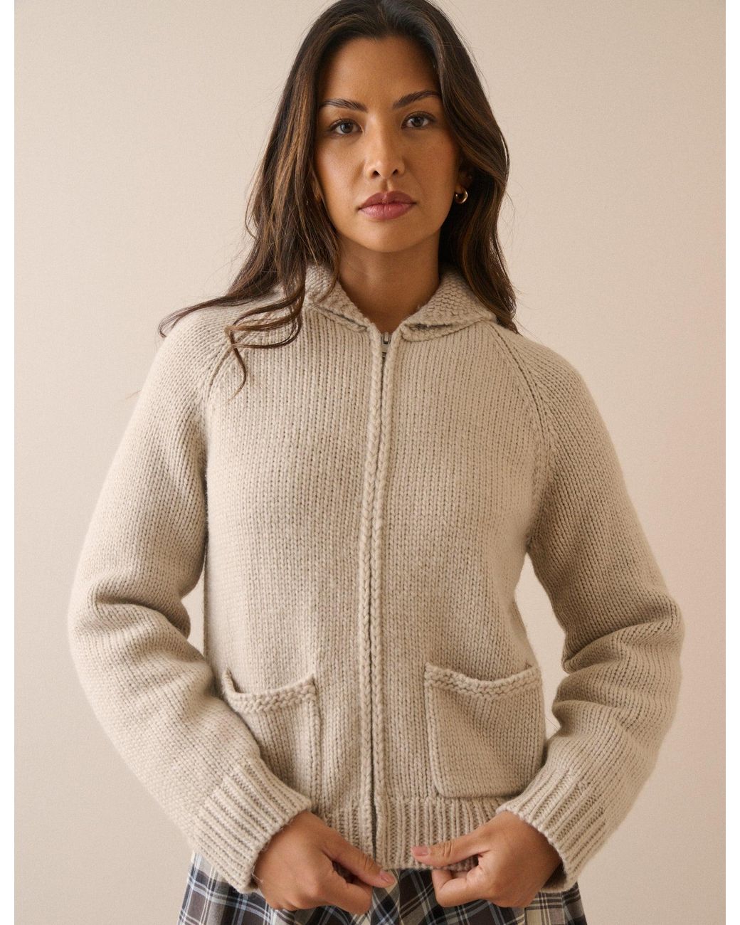 Nobody's Child Natural Oatmeal Ribbed Trim Knitted Jacket