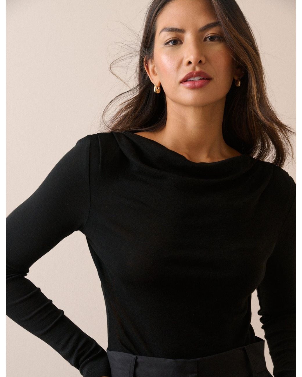 Nobody's Child Black Merino Wool Draped Boat Neck Top