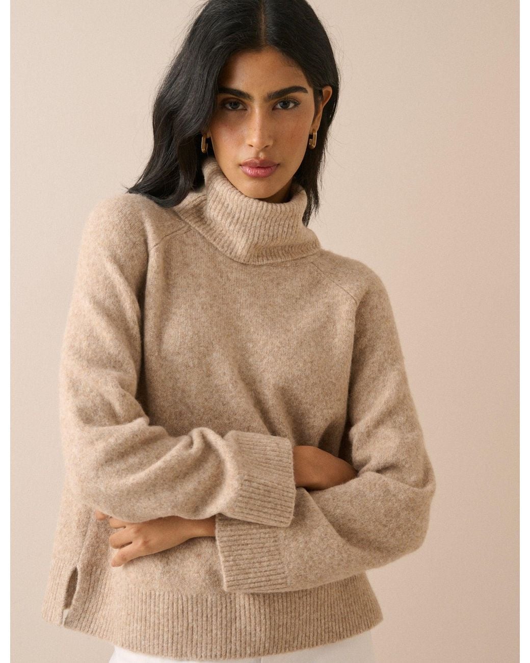 Nobody's Child Natural Oatmeal Marl Roll-Neck Oversized Jumper