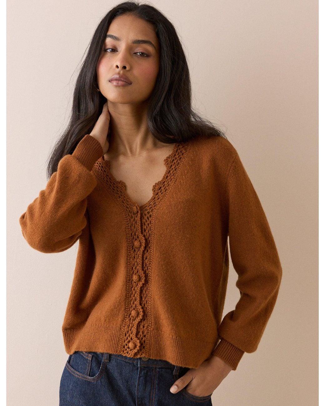Nobody's Child Brown Burnt Wool Blend Crochet Trim Elodie Cardigan