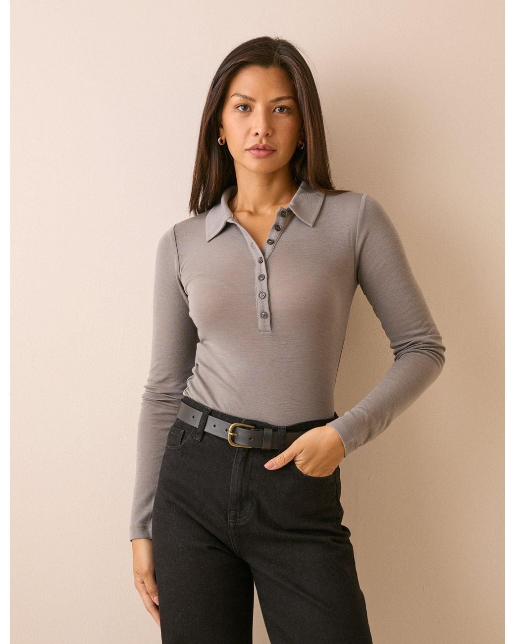 Nobody's Child Natural Taupe Merino Wool Polo Top