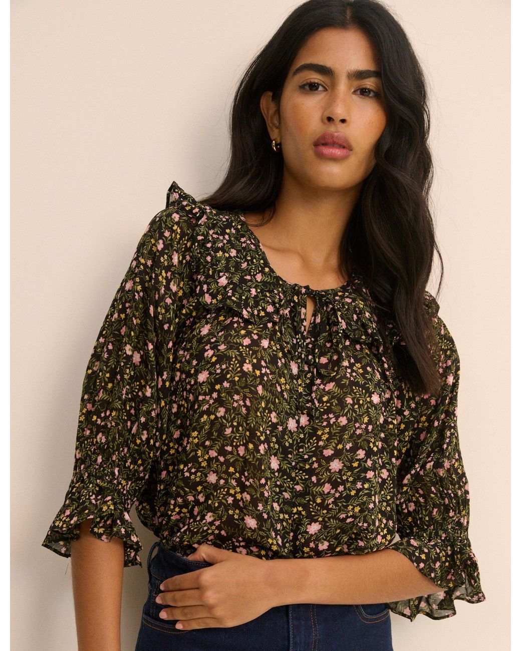 Nobody's Child Natural Floral Short Sleeve Blouse