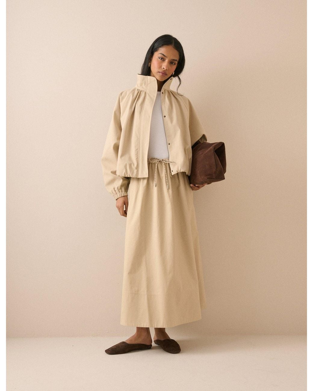 Nobody's Child Natural Stone Drawstring Midi Skirt