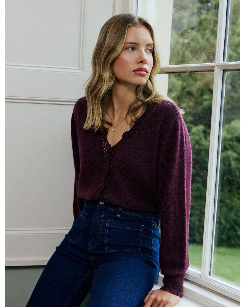 Nobody's Child Purple Burgundy Crochet Trim V-Neck Cardigan
