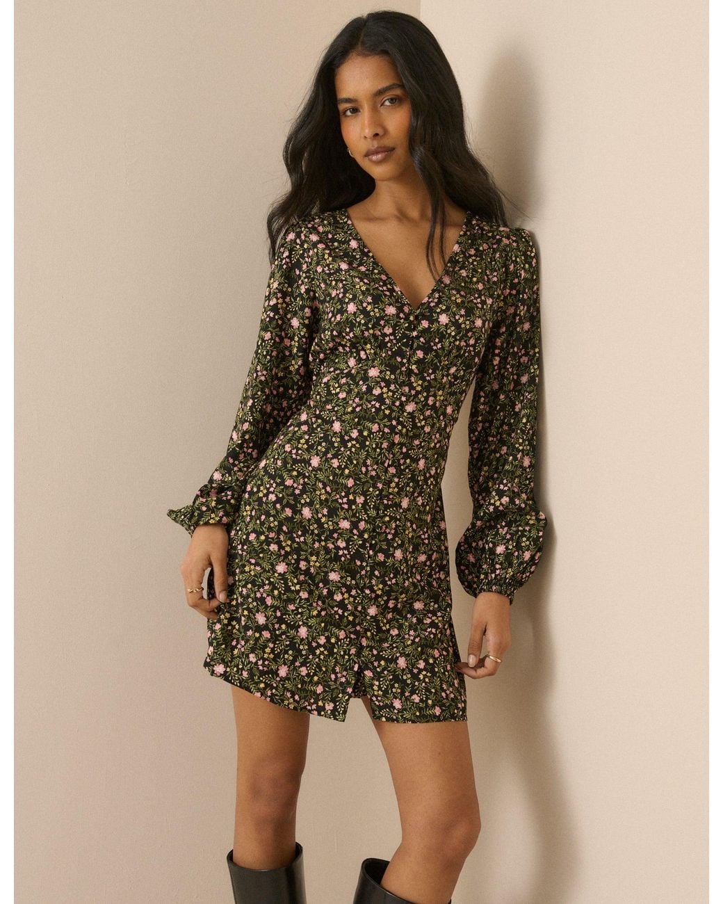 Nobody's Child Green Floral Balloon Sleeve Kennedy Mini Dress