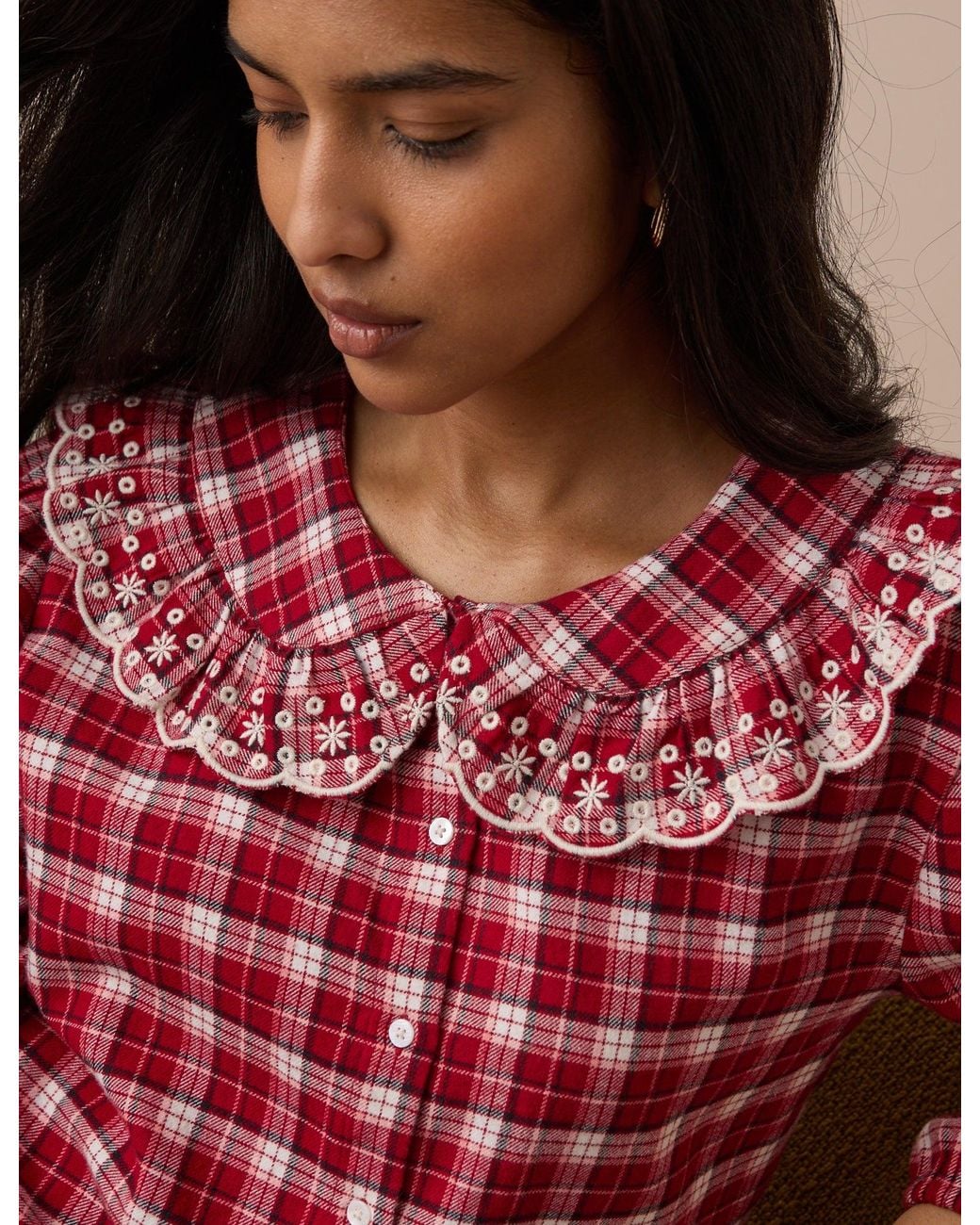 Nobody's Child Red Brushed Check Broderie Frill Pyjama Top