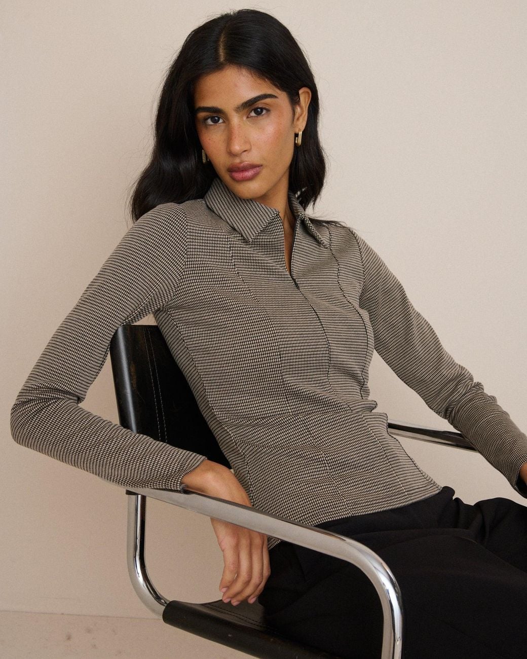 Nobody's Child Brown Houndstooth Collared Jersey Top