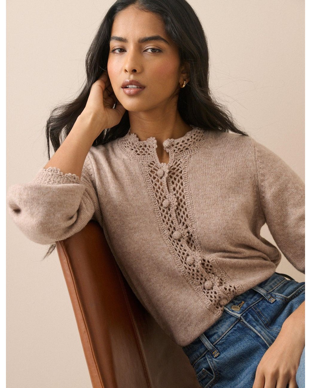 Nobody's Child Brown Wool-Blend Crochet Trim Crew Neck Cardigan