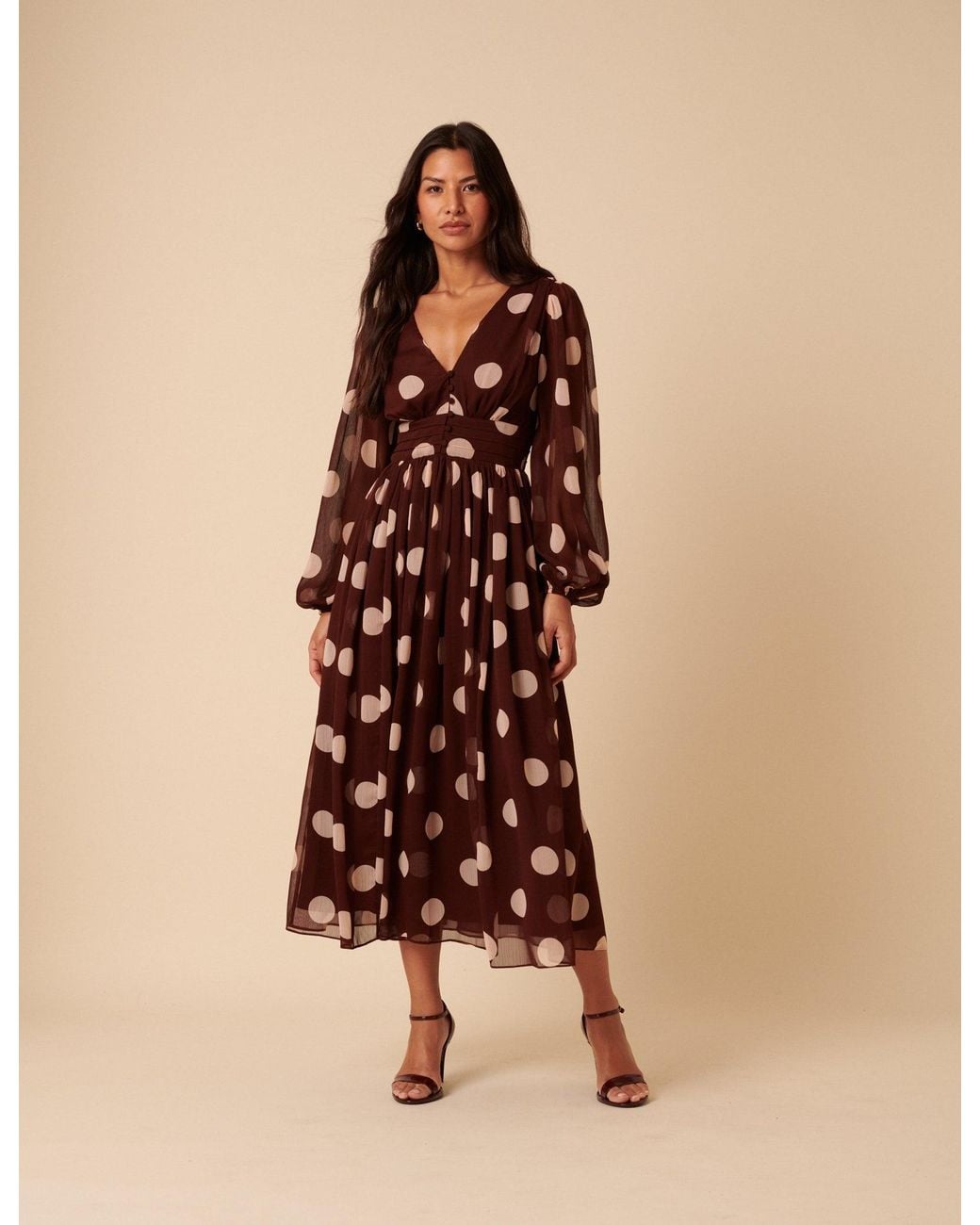Nobody's Child Brown Polka Dot Balloon Sleeve Anya Midi Dress
