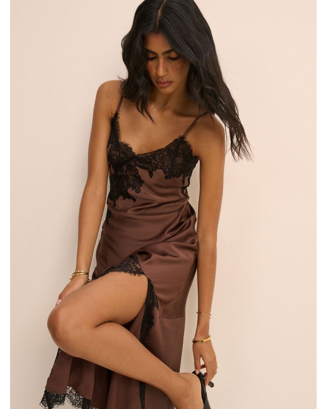 Nobody's Child Natural Lace Trim Satin Slip Dress