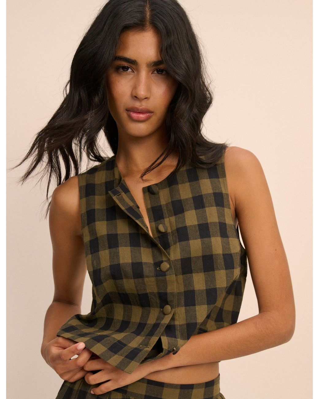 Nobody's Child Brown Gingham Button Front Top