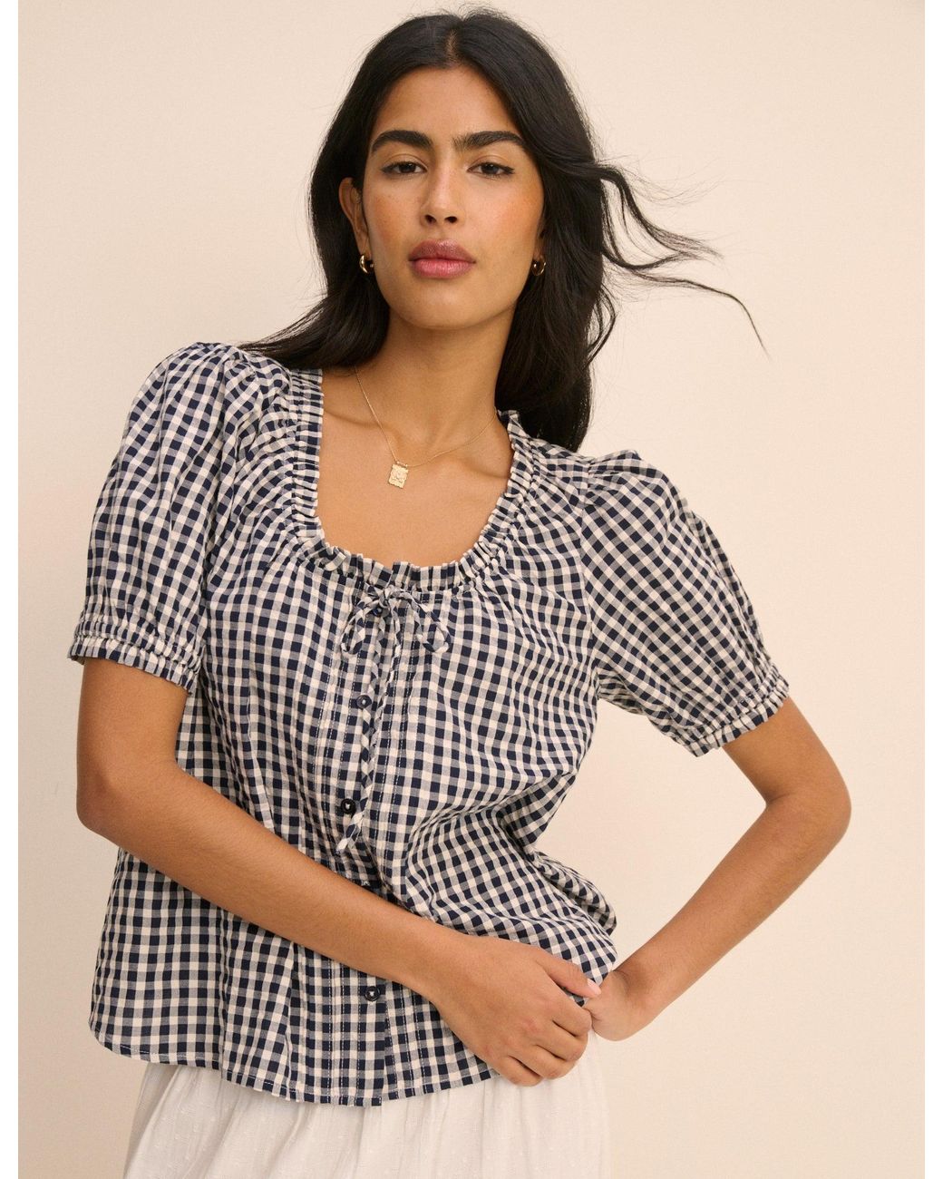 Nobody's Child Natural Gingham Puff Sleeve Lumi Blouse