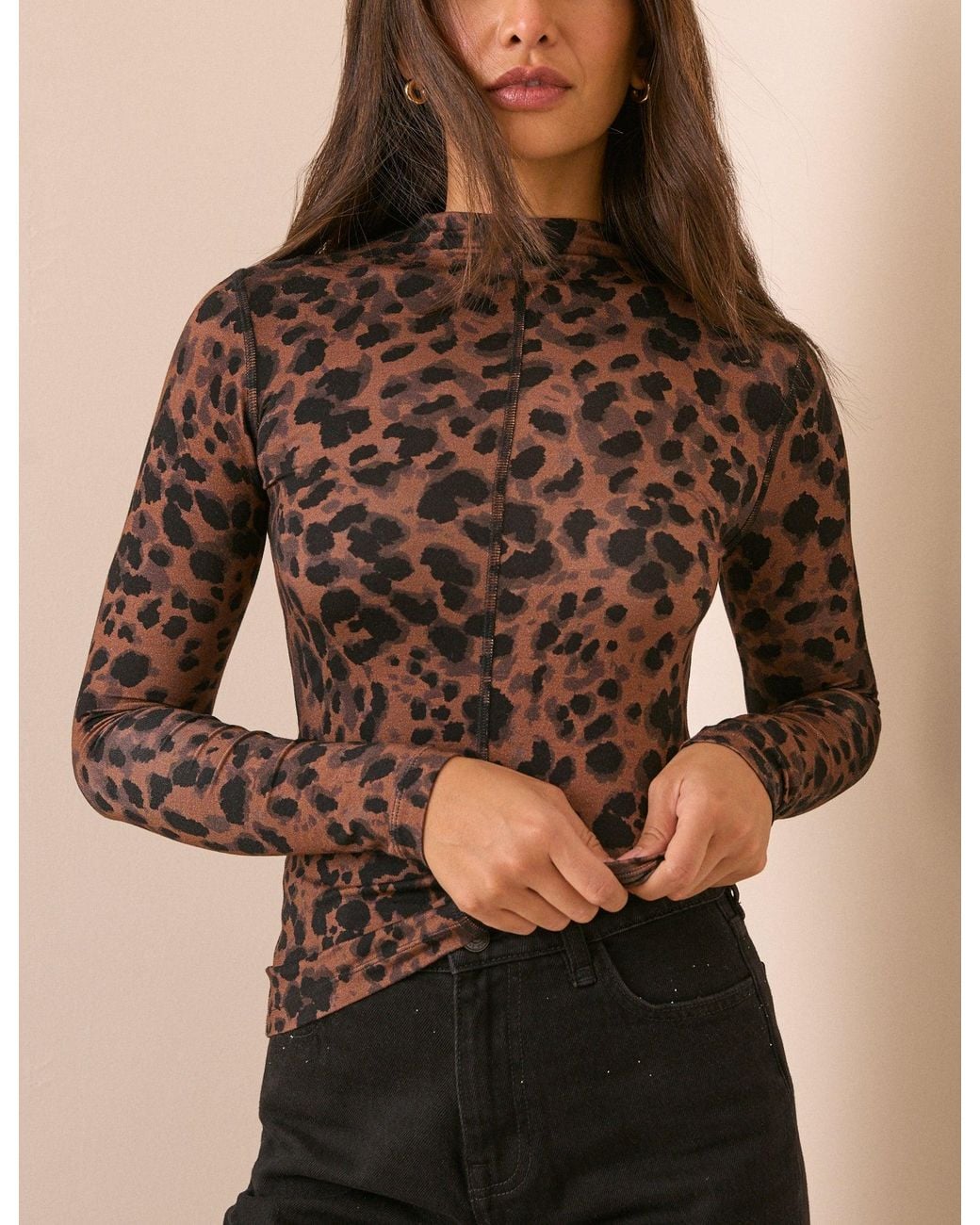 Nobody's Child Black Leopard Print High Neck Long Sleeve Jersey Top