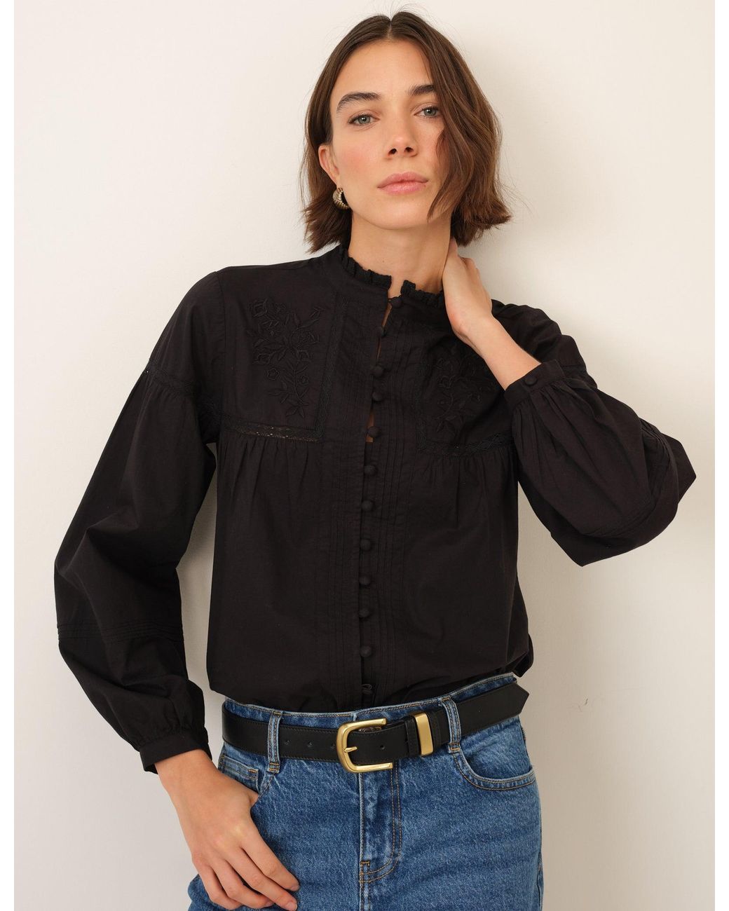 Nobody's Child Black Floral Embroidered High Neck Blouse