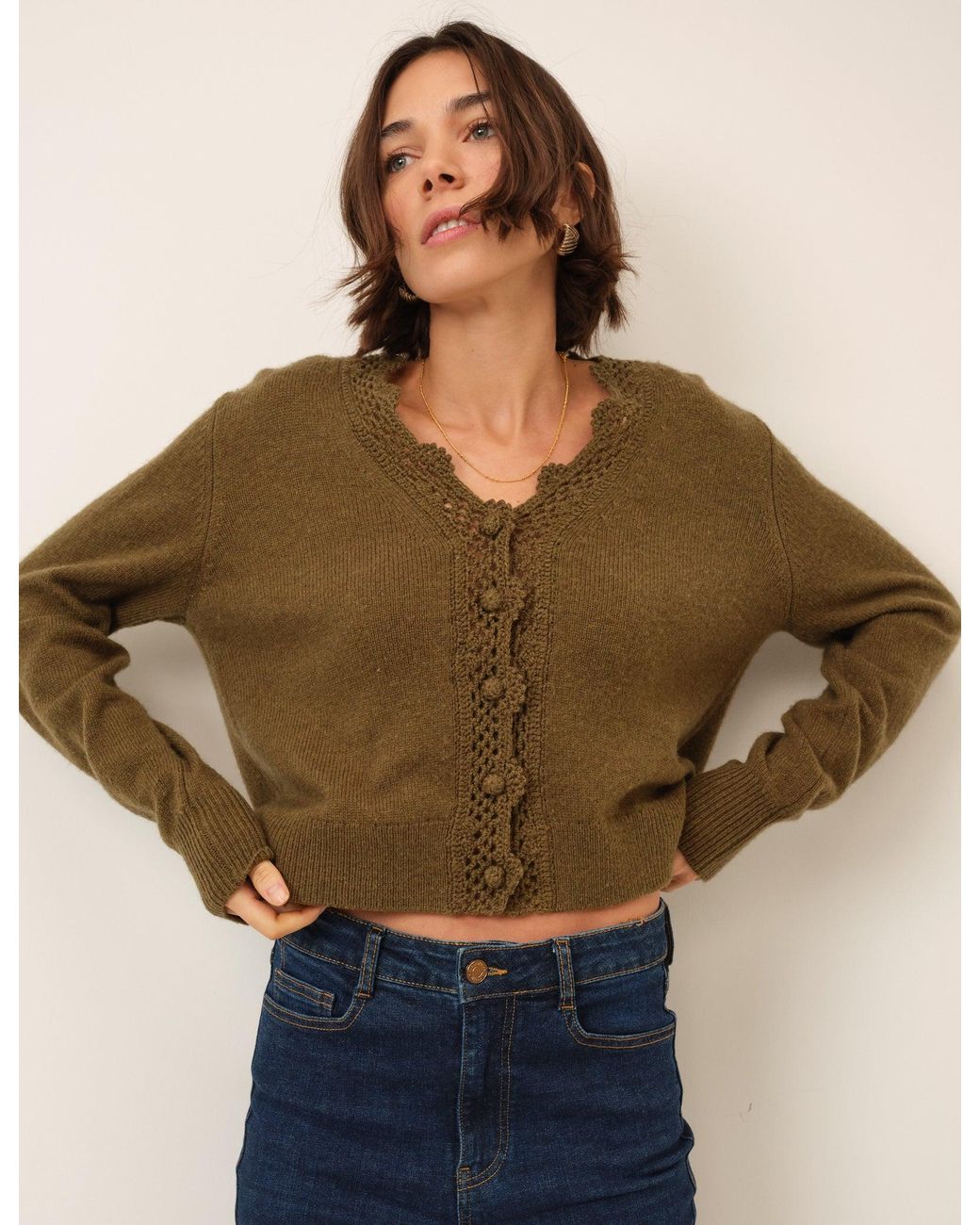 Nobody's Child Natural Wool Blend Crochet Trim V Neck Cardigan