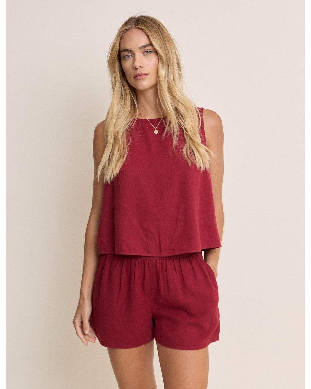 Nobody's Child Red Linen-Rich Elasticated Waist Shorts