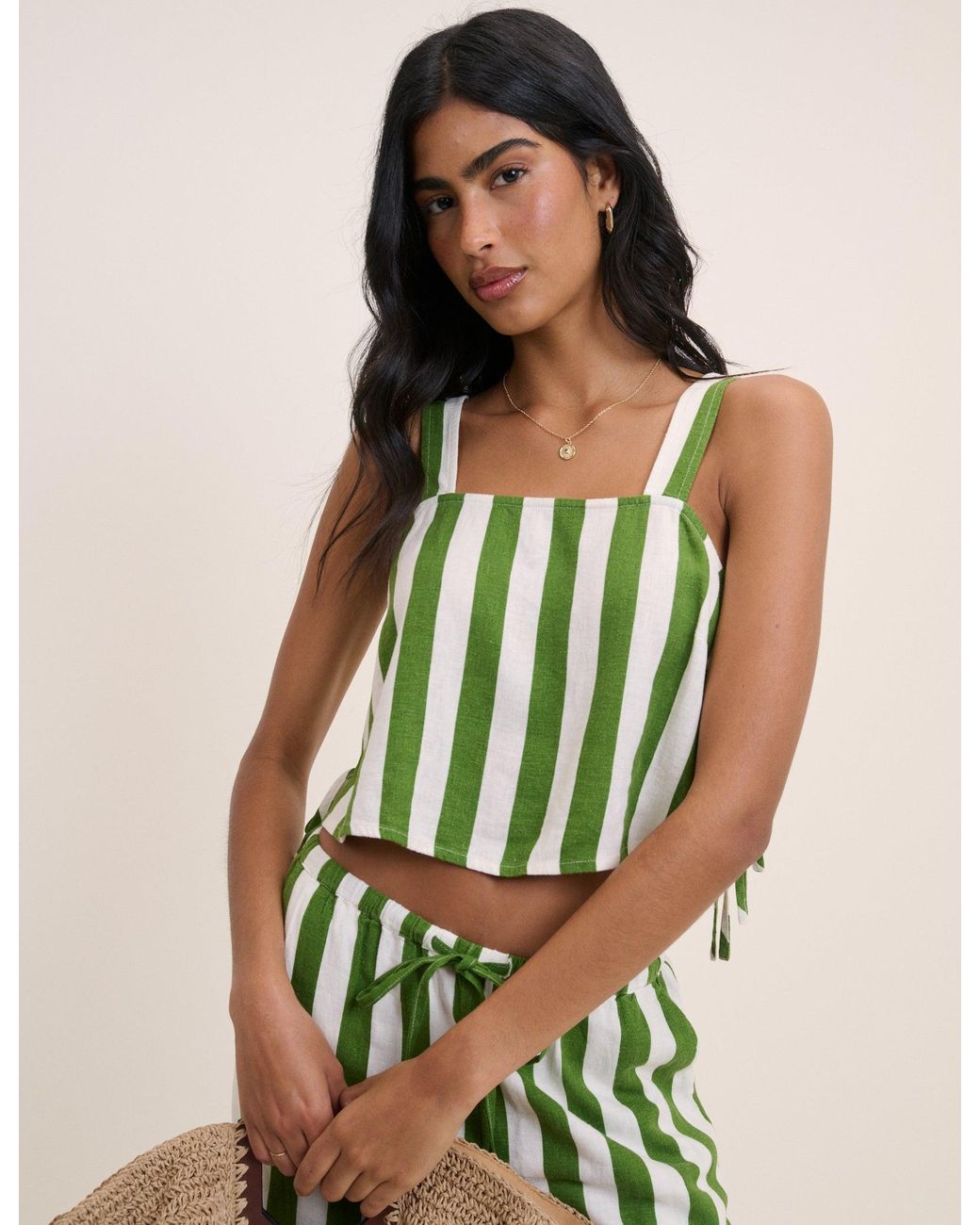Nobody's Child Green Striped Sleeveless Linen-Rich Pillar Top