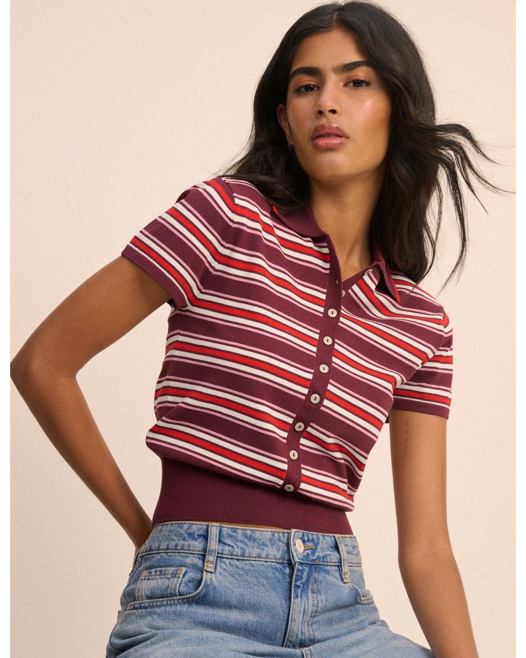 Nobody's Child Red And Burgundy Striped Knitted Polo Top