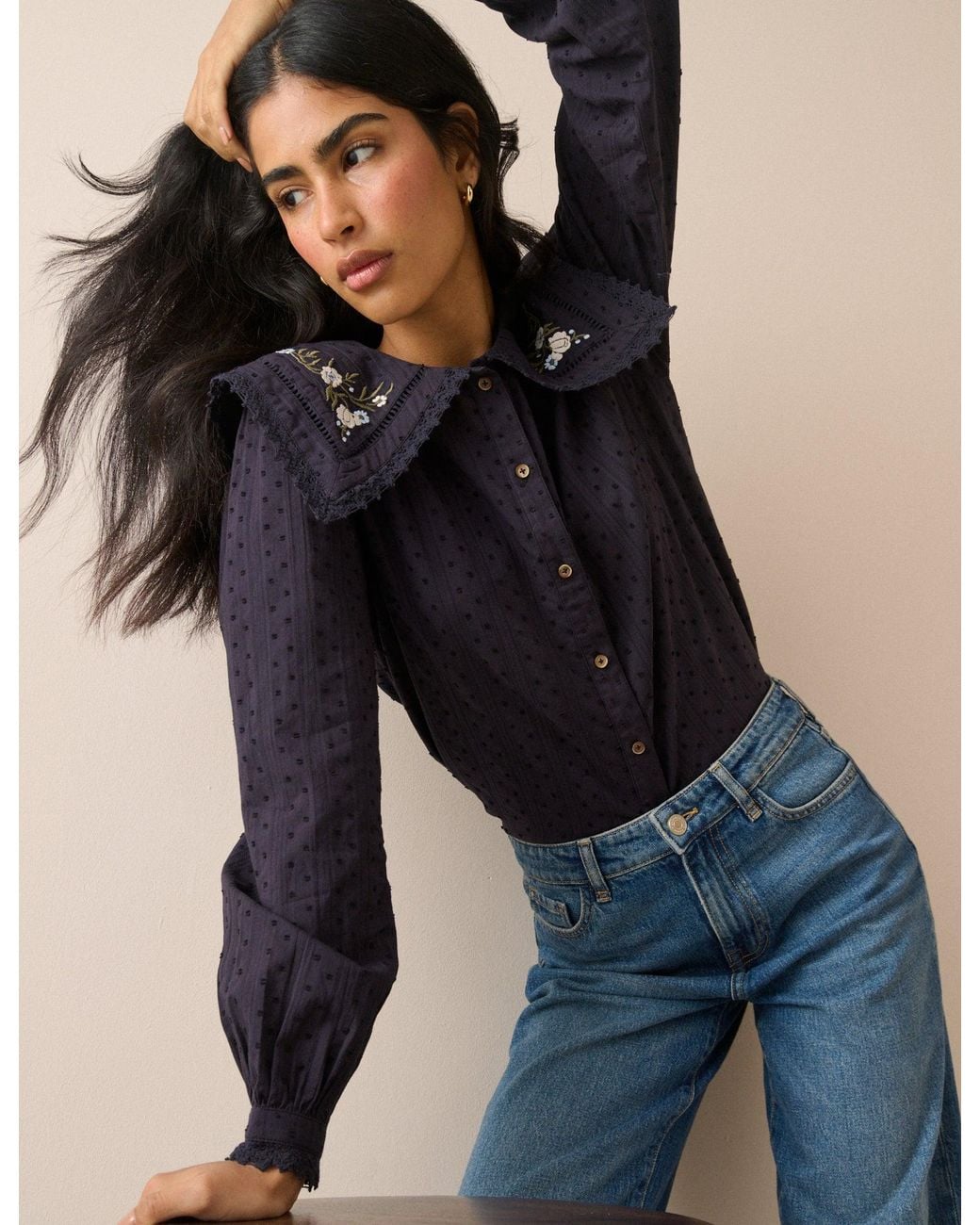 Nobody's Child Blue Floral Embroidered Oversized Collar Blouse