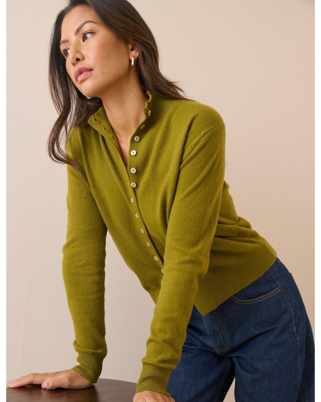 Nobody's Child Green Cashmere Funnel Neck Cardigan