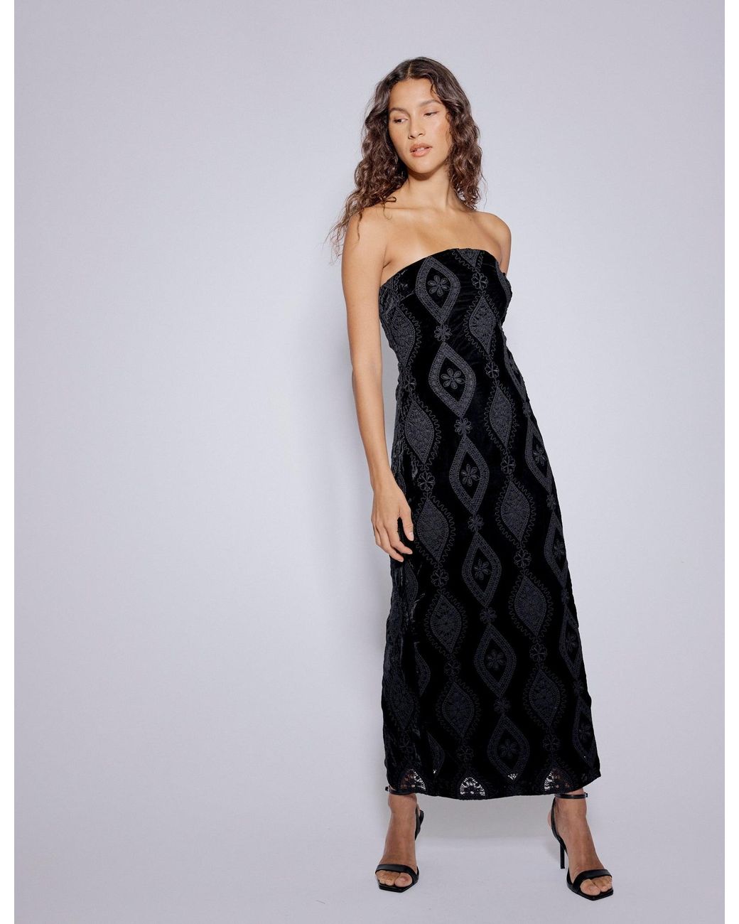 Nobody's Child Velvet Floral Embroidered Bandeau Midi Dress in - Main Image