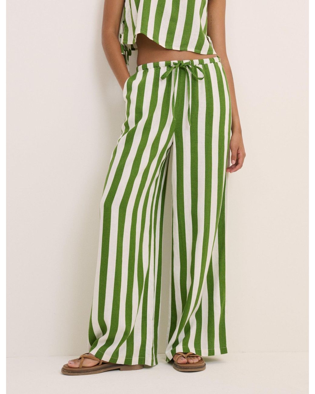 Nobody's Child Green Striped Linen-Rich Reese Trousers