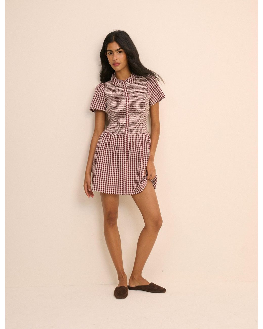 Nobody's Child Natural Burgundy Gingham Shirred Ioni Mini Dress