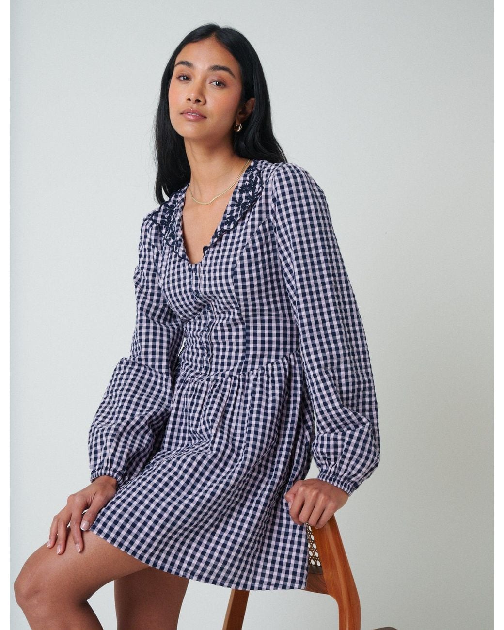 Nobody's Child Blue Gingham Floral Collar Sienna Mini Dress