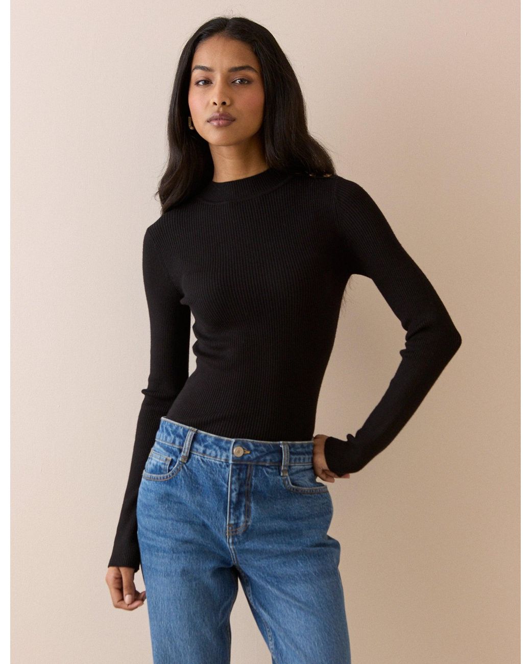 Nobody's Child Black Ribbed Button Detail Top