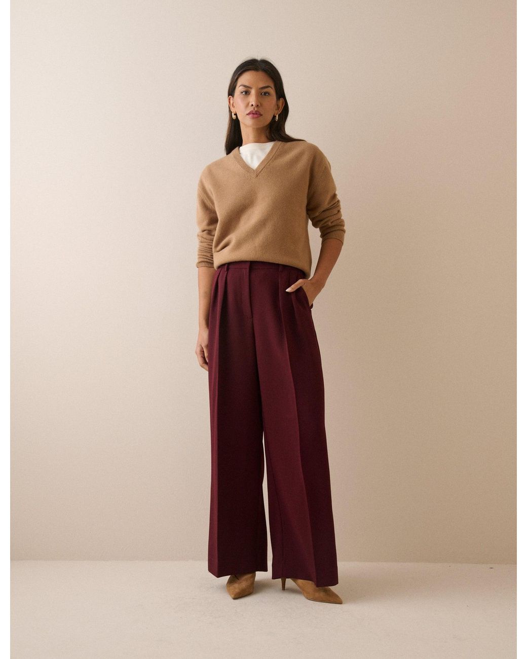 Nobody's Child Natural Burgundy High Waisted Rue Wide Leg Trousers