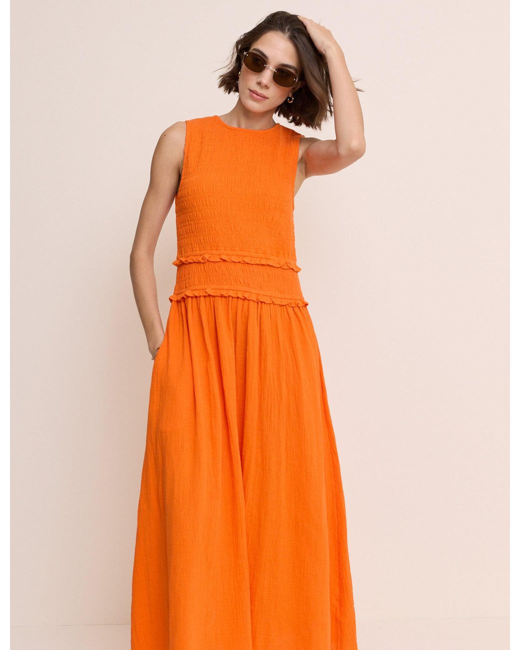Nobody's Child Orange Shirred Bodice Ingrid Midi Dress