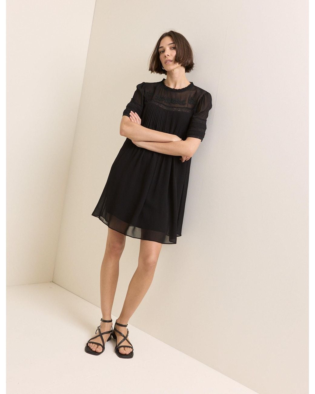 Nobody's Child Black Pintuck Lace Trim Tally Mini Dress