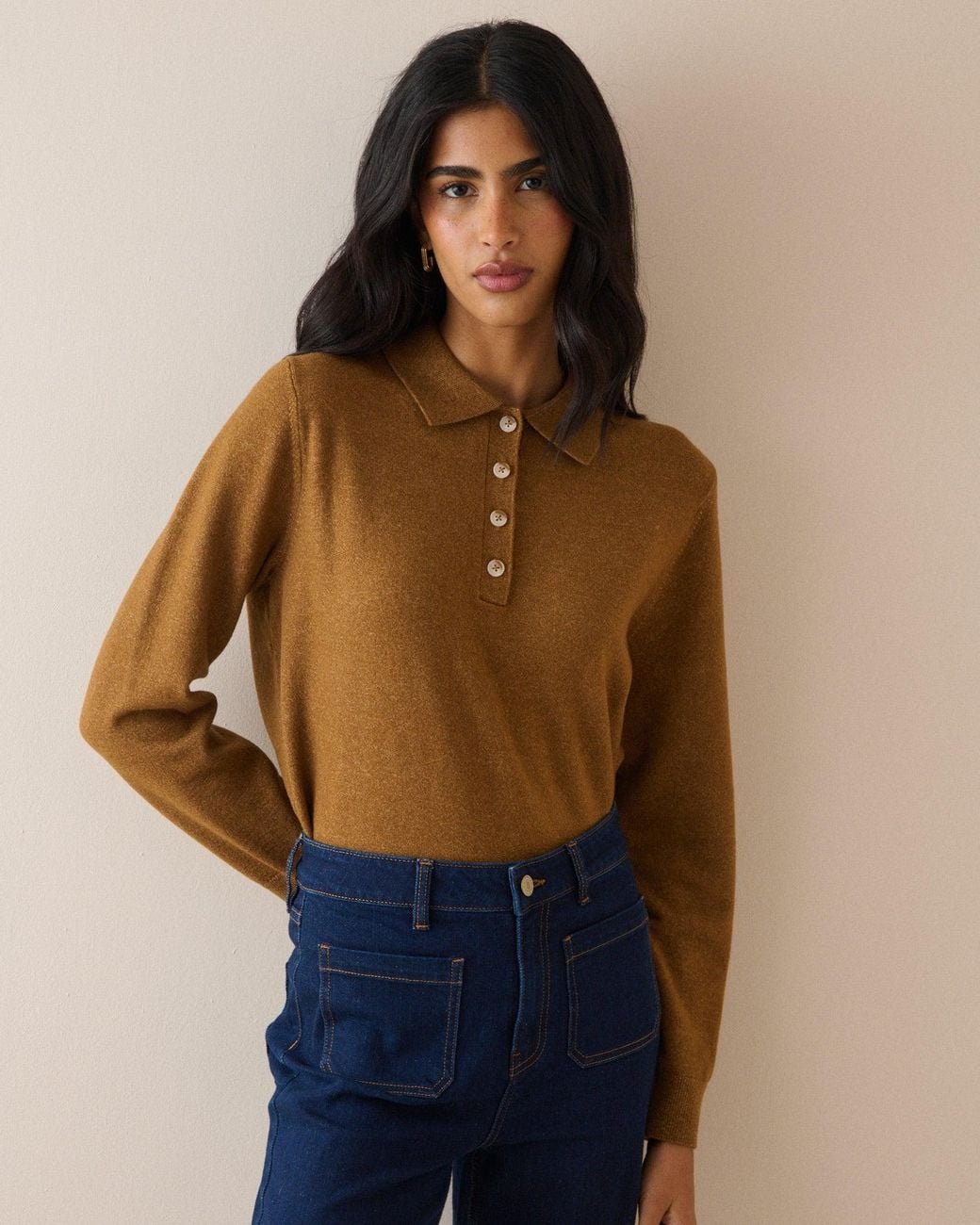 Nobody's Child Blue Camel Knitted Polo Top