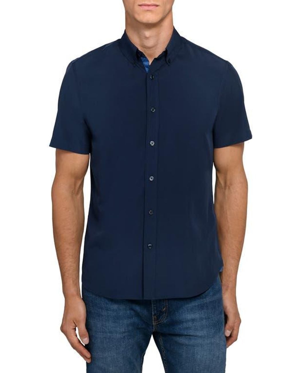 Con.struct Blue Solid Woven Short Sleeve Basic for men