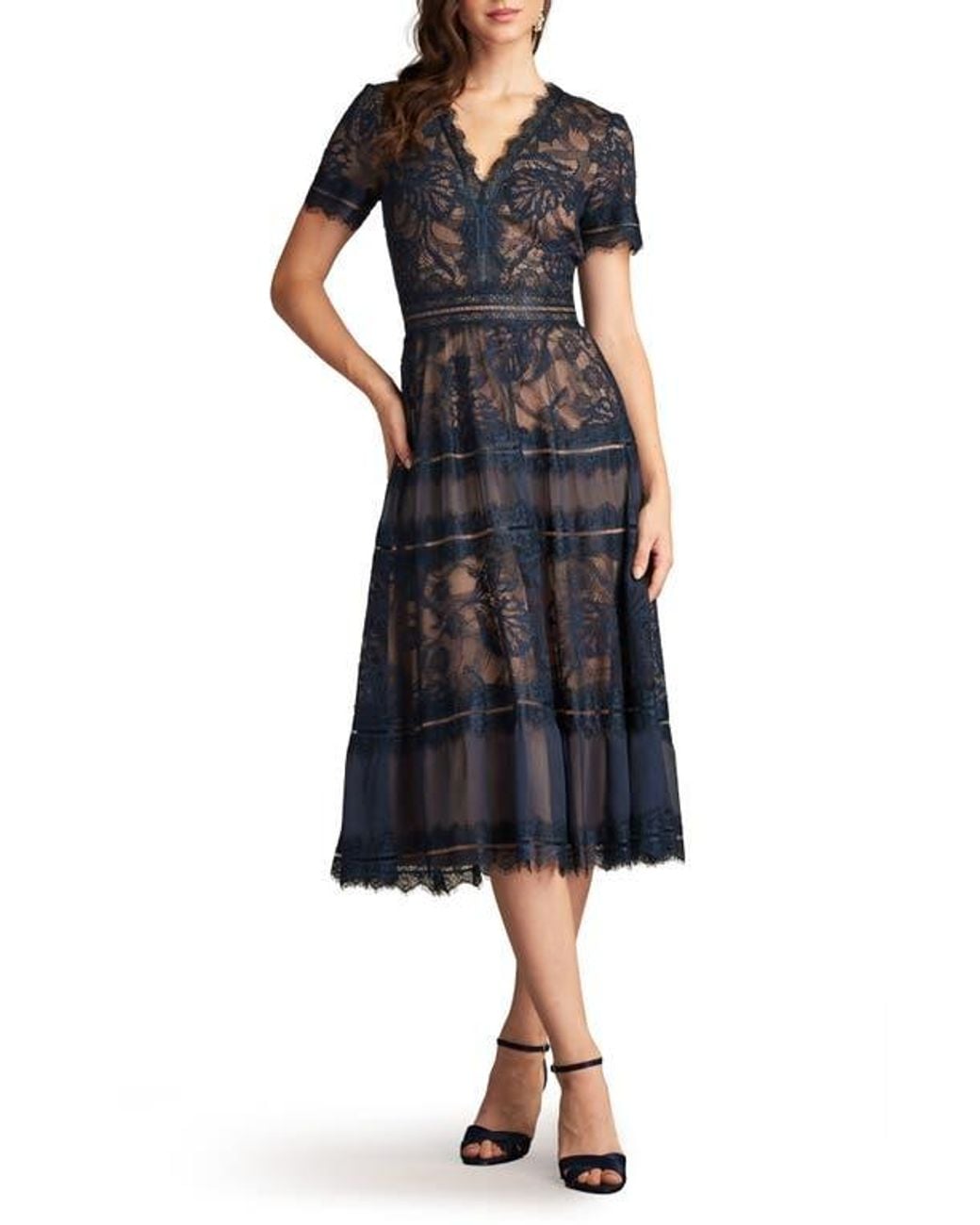 Tadashi Shoji Lace & Mesh Midi Cocktail Dress in Black | Lyst