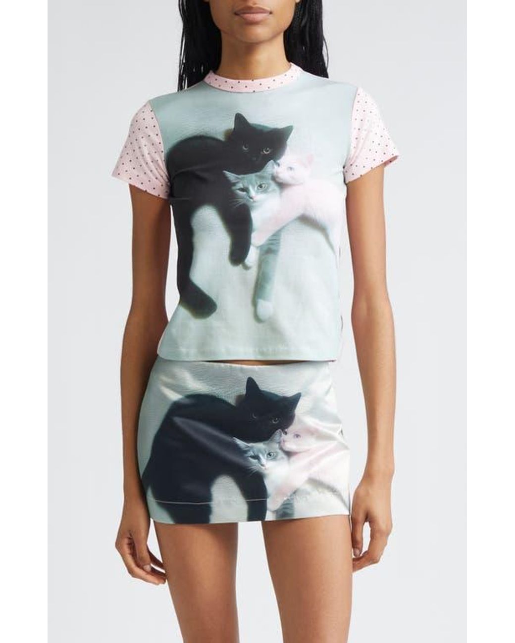 Ashley Williams Kitten Trio Polka Dot Baby Tee in Gray | Lyst