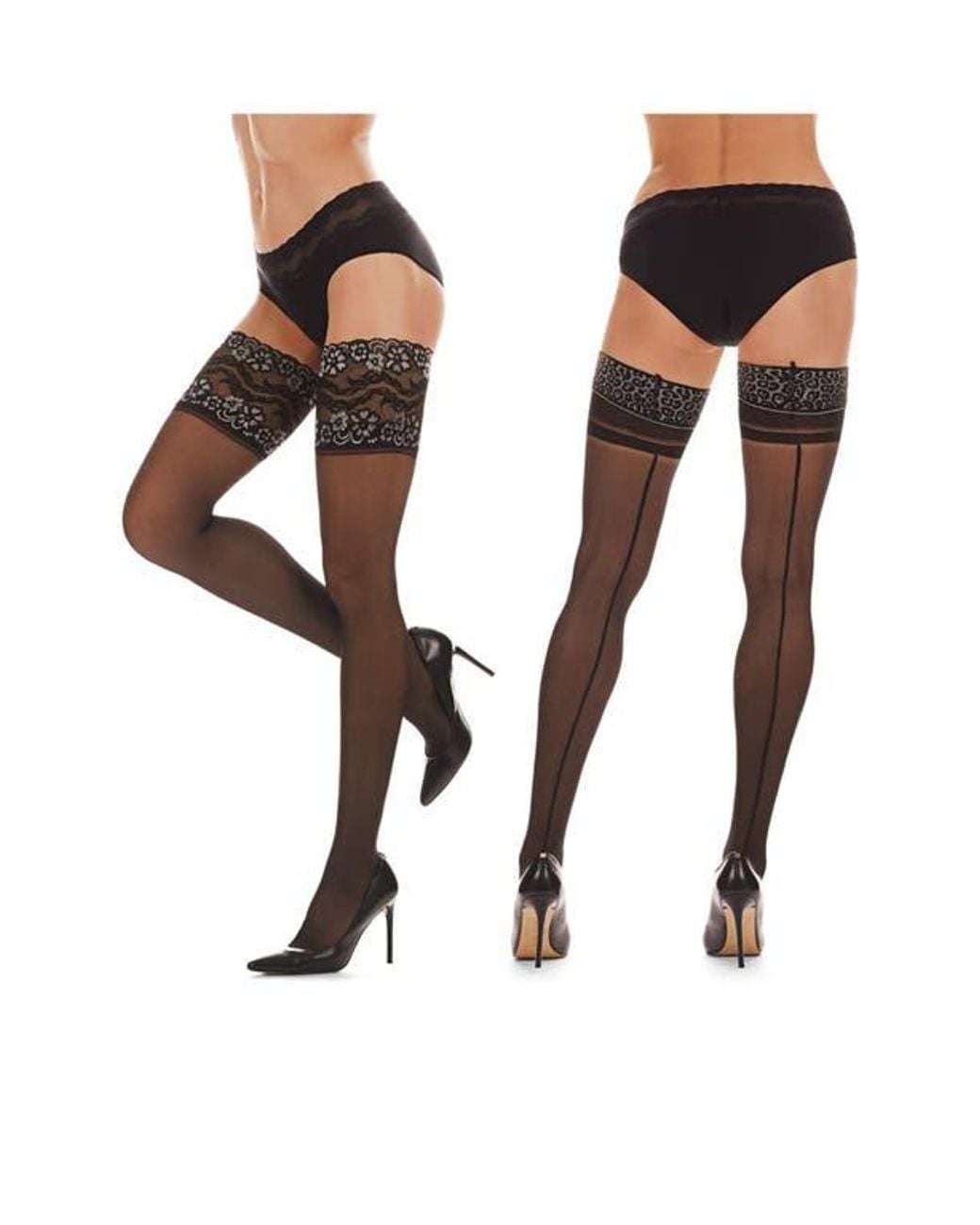 Memoi Black Lace Cuff Seamed Back Sheer Stockings