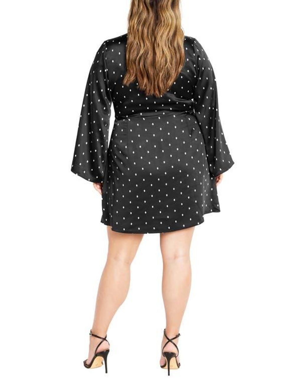 City Chic Amira Spot Long Sleeve Satin Wrap Minidress in Black | Lyst
