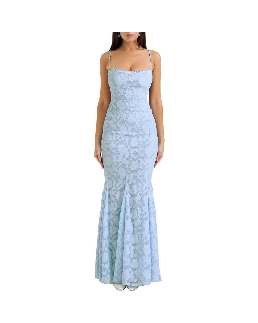 House Of Cb Joan-B Back Lacing Floral Jacquard Dress in Blue