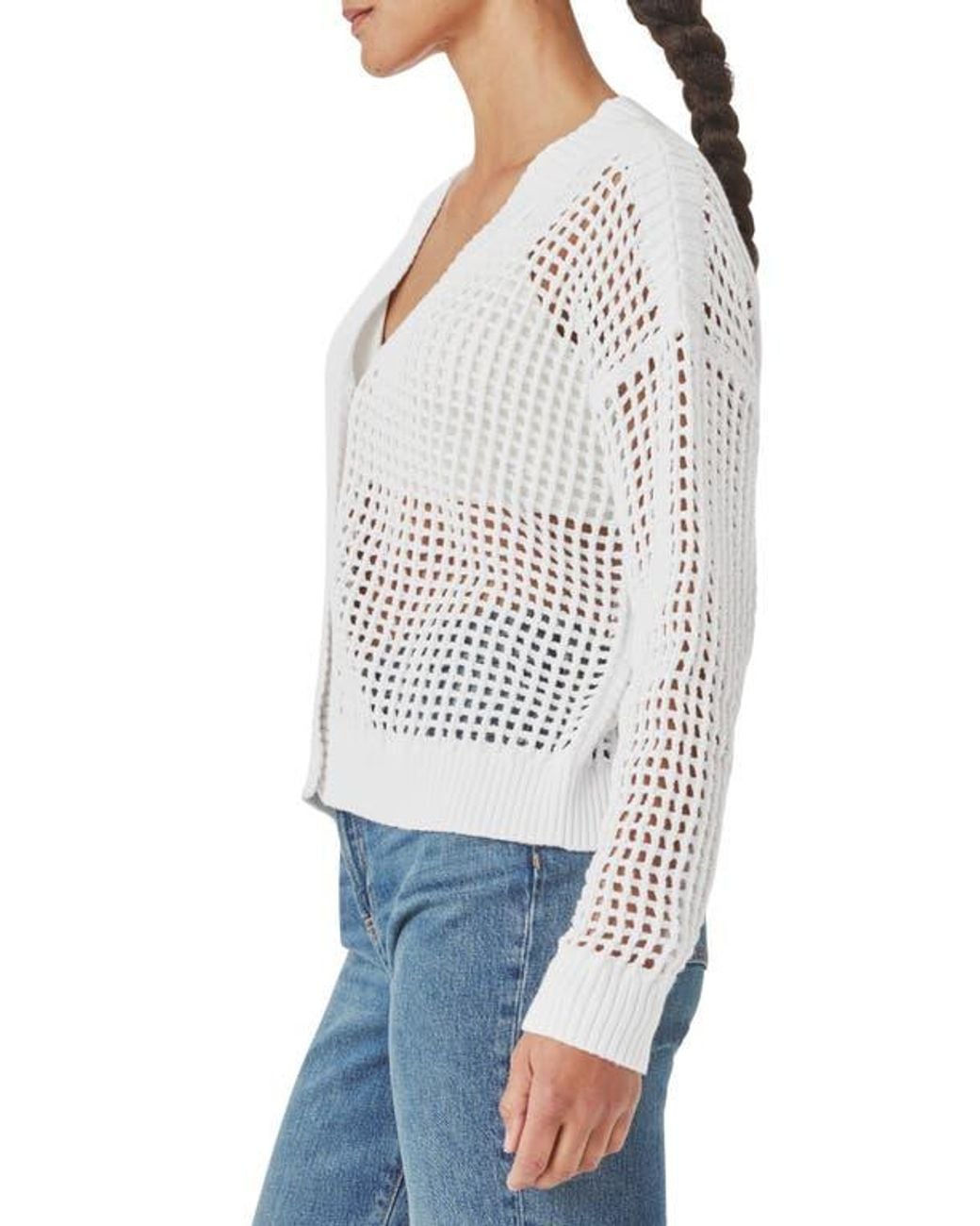Splendid White Camellia Openwork V-Neck Cotton Blend Cardigan