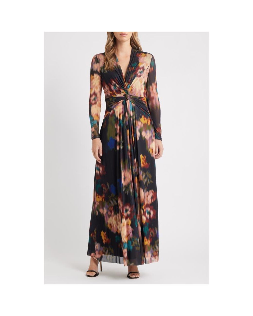 Anne Klein Blurred Floral Twist Front Long Sleeve Mesh Maxi Dress in Black  | Lyst
