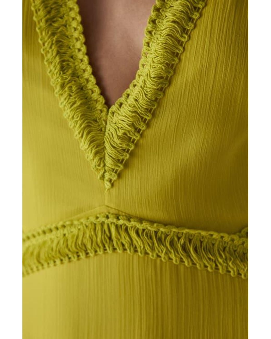 Warehouse Yellow Chiffon Fringe Trim Cut Out Maxi Dress