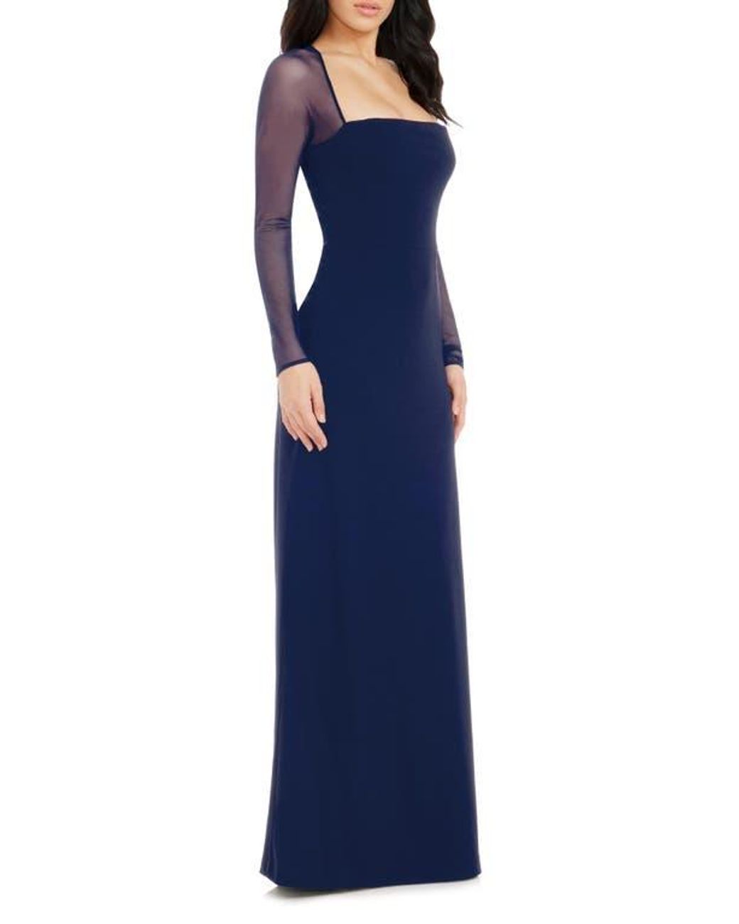 Dress the Population Maxwell Square Neck Long Sleeve Gown in Blue