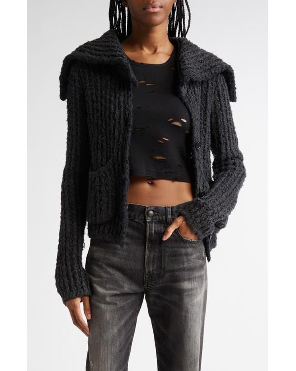 R13 High Neck Shrunken Rib Cardigan in Black | Lyst