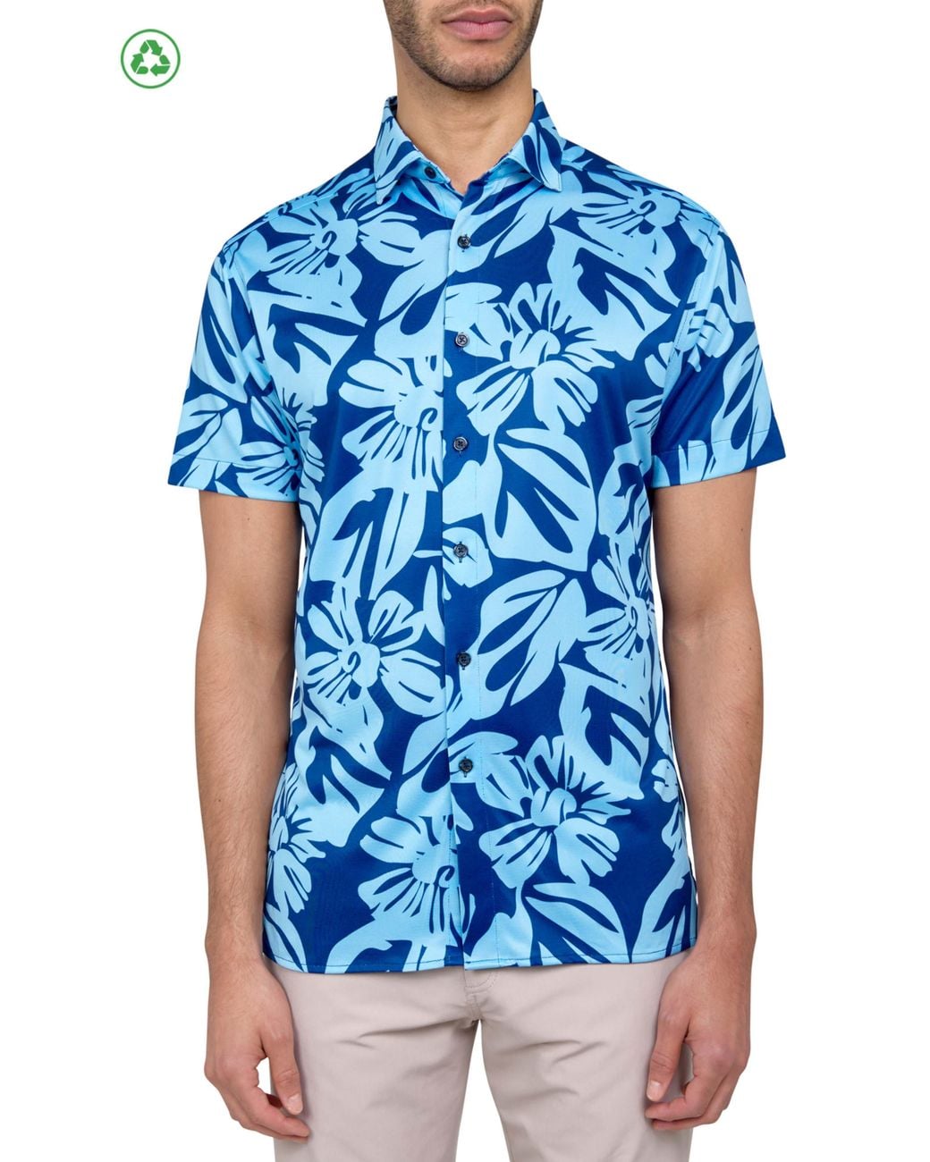 Con.struct Blue Regular Fit Exploded Floral Print Recycled Performance Golf Button-Down Shirt for men