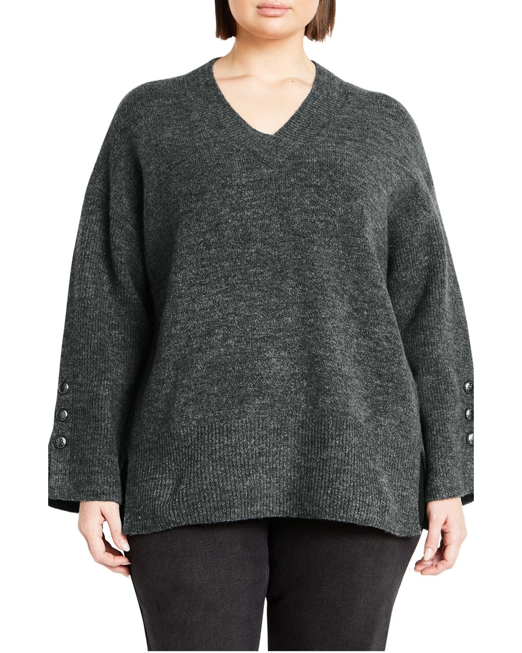 City Chic Gray Dorothy Button Cuff Sweater